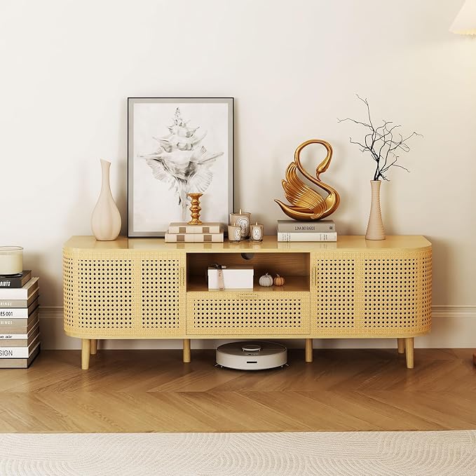 ORRD TV Stand for TVs Up to 65 Inch, Boho Wood Television Stands Media Entertainment Center Console Table with Curved Iron Rattan Doors and Drawer for Living Room - Natural