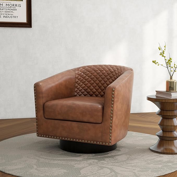 Swivel Barrel Accent Chair, Comfy Modern Upholstered Round Faux Leather Arm Chair for Living Room, Bedroom(Brown, Set of 2