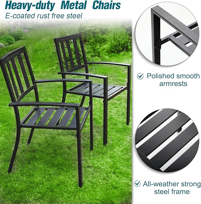 PHI VILLA 5 Piece Outdoor Dining Table Set for 4, 42” Round Steel Dining Table with Umbrella Hole & 4 Black Stacking Metal Chairs for Patio, Deck, Yard, Porch