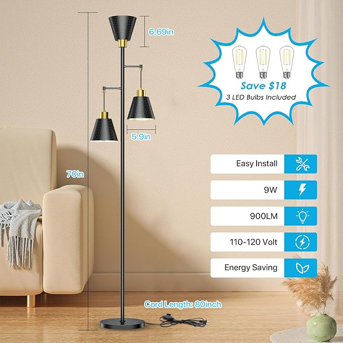 Black Floor Lamp with Cage Shade - 70" Standing Lamp for Living Room Corner - 3 LED Bulbs - Rustic Industrial Modern