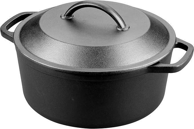 Pre-Seasoned Cast Iron Dutch Oven with Lid, Round and Dual Handles, for Stovetop, Camping, Grill, Induction, Electric, Black, 6qt