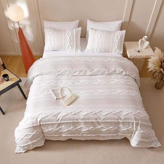 Luxlovery Boho Farmhouse Comforter Set Full Teens Kids White Jacquard Bedding Set Bohemian Country Blanket Quilts Durable Soft Breathable 3PCS Comforter Set Full Bed