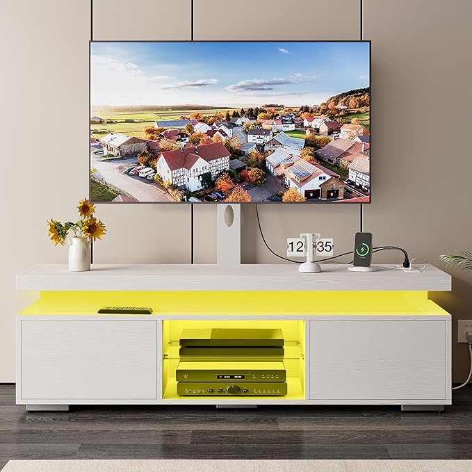 YITAHOME White TV Stand for Living Room, LED Entertainment Center with Storage, Height-Adjustable Mount TV Stand for 70/65 Inch TVs, Media Cabinet with LED Lighting and Charging Ports, White