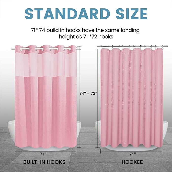 Pink Shower Curtain with Liner - 230GSM Waffle Textured Heavy Duty Shower Curtains for Bathroom,71W x 74H