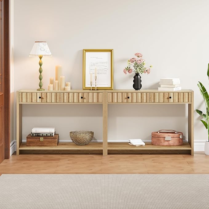 Console Table with Drawers, Narrow Mid-Century Fluted Entryway Table Sofa Table with Storage Shelf, Wood Entry Table Accent Behind Couch Ta ble for Entrance, Hallway, Living Room (Natural)