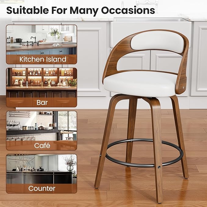 Swivel Bar Stools Set of 8, 26" Counter Height Bentwood Barstool, Mid-Century Modern PU Leather Upholstered Bar Chair with Back and Footrest, for Kitchen Island, Bar, Cafe, Dining Room, White