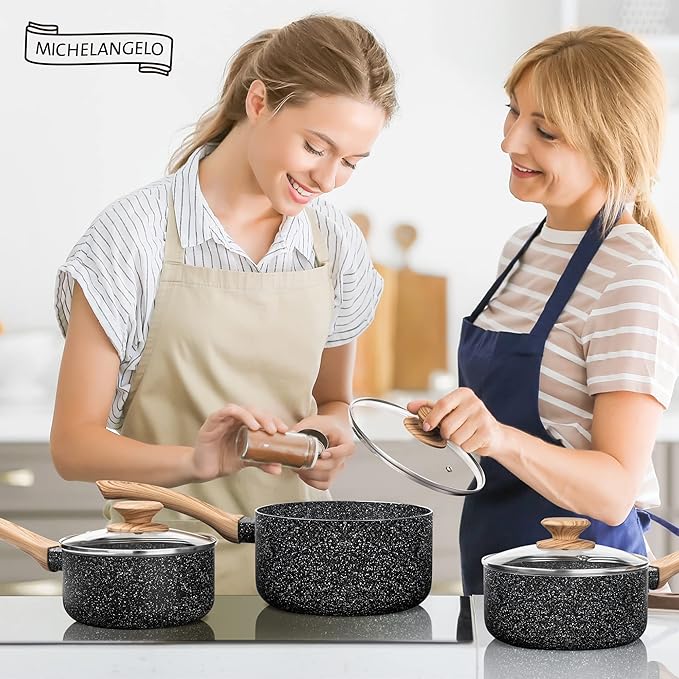 MICHELANGELO Saucepan Set with Lid, Nonstick Sauce Pan with Lid 1QT, 2QT & 3QT, Stone Saucepan Sets, Small Sauce Pot with Lid, Granite Sauce pan 3 Piece, Sauce Pots, Black