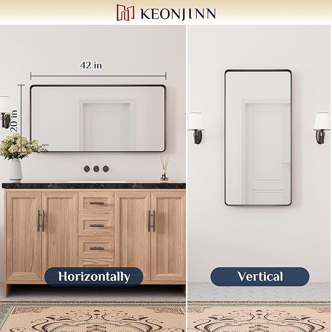 Keonjinn Black Bathroom Mirror for Over Sink, 42 x 20 Inch Rounded Rectangle Bathroom Vanity Mirror, Matte Black Farmhouse Mirror for Wall, HD Tempered Glass, Seamless Aluminum Alloy Frame Mirror