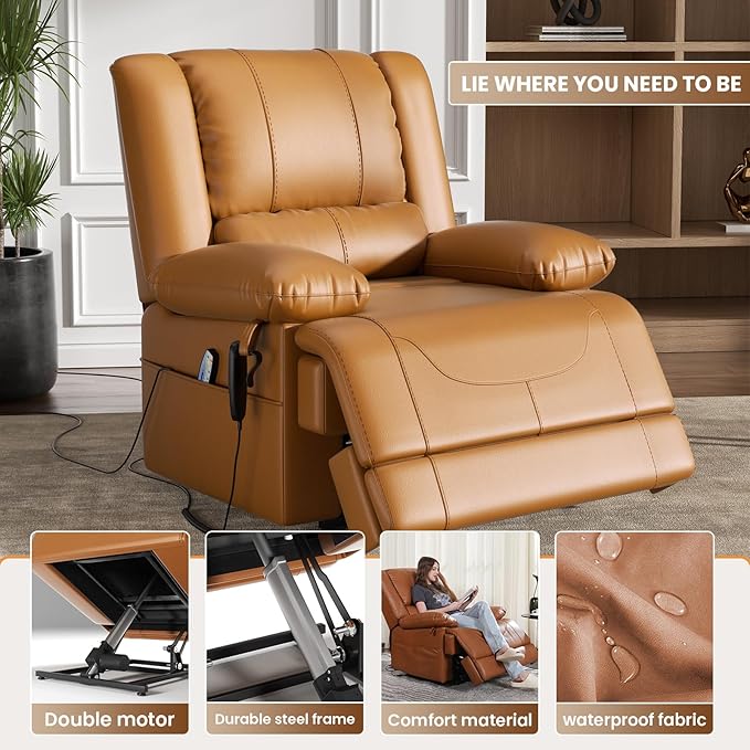 Large Dual Motor Power Lift Recliner Chair with Massage and Heat for Elderly People, Infinite Position,USB Ports and Remote Control,Breathable Leather (Light Brown)