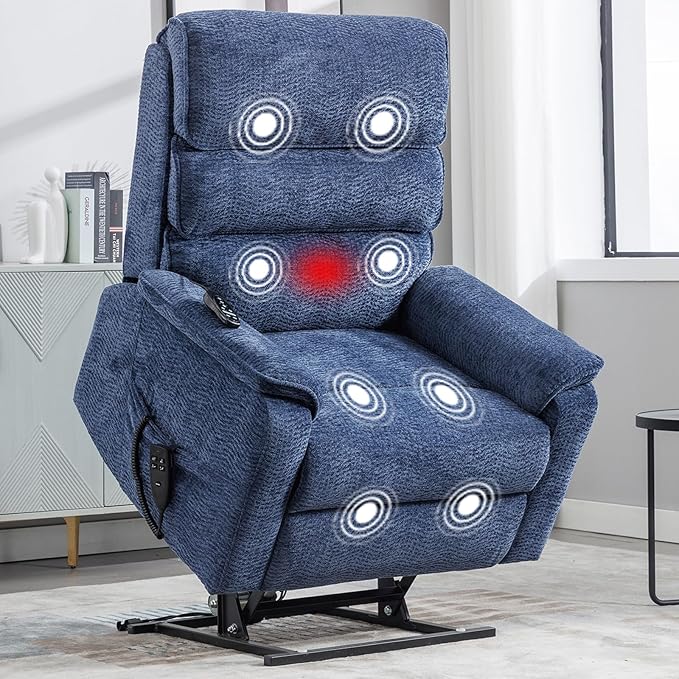 Electric Lift Chair with Heat and Massage, Dual Motor Recliner Lift Chair with Infinite Position, 72.4in Long Big and Tall Recliner, Blue Extra Wide Recliner, Chenille Fabric