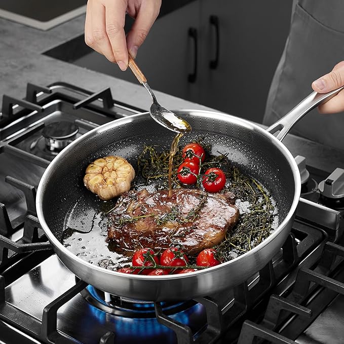 PekGema Hybird Nonstick Frying Pan with Lid 12 inch, Stainless Steel Skillet, Ceramic Non-stick Oven-Safe Chef Pan, Induction Ready, PFOA PFAS FREE Cookware