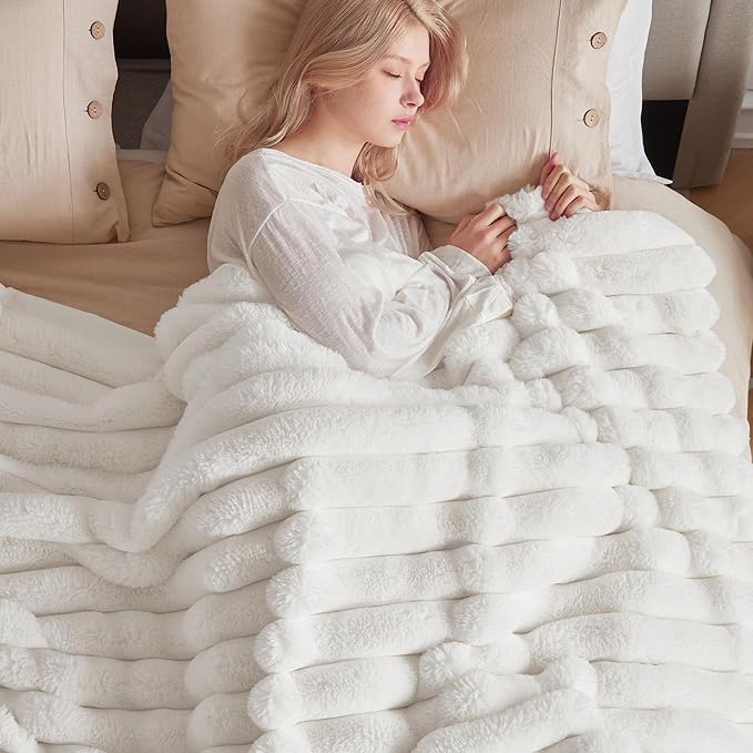 Faux Fur Throw Blanket for Couch, Cozy Warm Plush Striped Blanket for Sofa Bedroom Living Room, 50x60 Inches Cream White