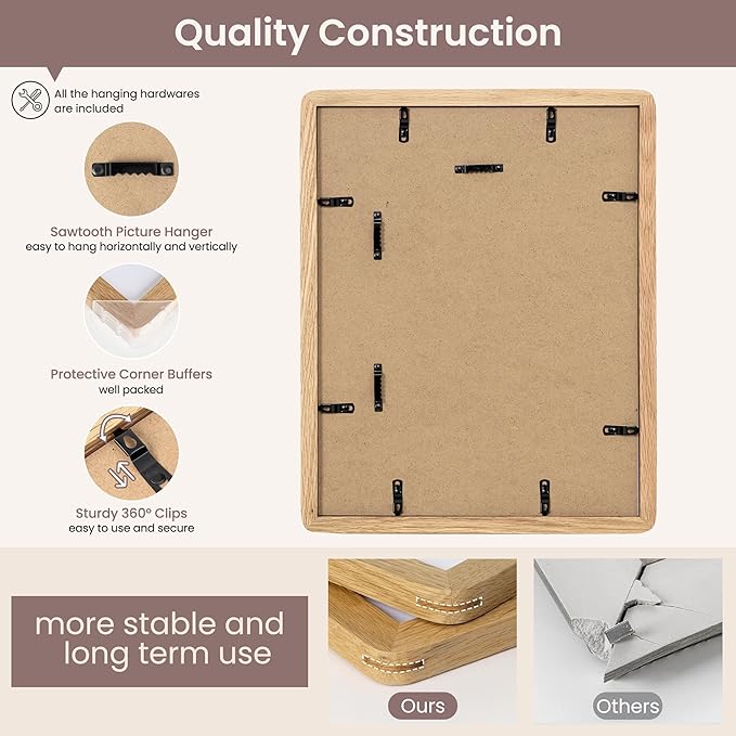 11x14 Picture Frame - Solid Oak Wood 11x14 Picture Frame With Mat For 8x10, 11''x14'' Poster Frame, Plexiglas and Hanging Hardware Included, 11 By 14 Poster Frame Wood, Natural Oak