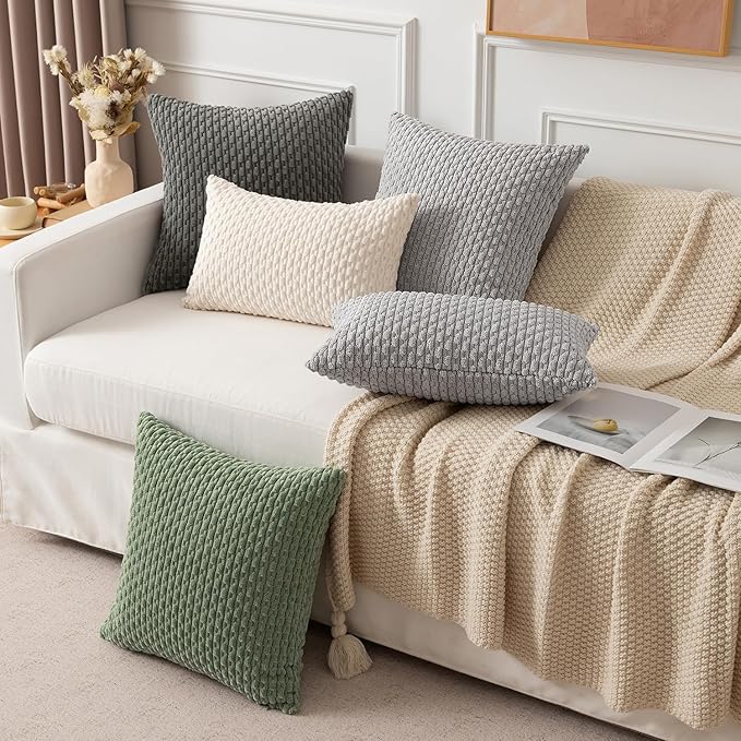 Kevin Textile 2 Packs Light Grey Decorative Throw Pillow Covers 26x26 Inch for Living Room Couch Bed Sofa Rustic Farmhouse Boho Home Decor Soft Striped Corduroy Square Cushion Case 66x66 cm