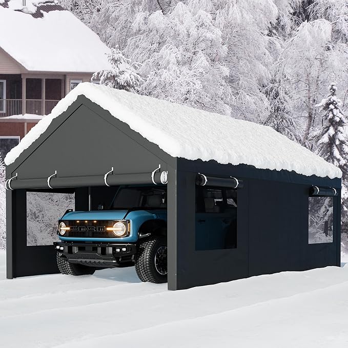 Walsunny Carport, 10x20 ft Heavy Duty Carport Canopy with Roll-up Windows, Portable Garage with Removable Sidewalls & Doors, Car Canopy with All-Season Tarp for Car, Truck, Boat