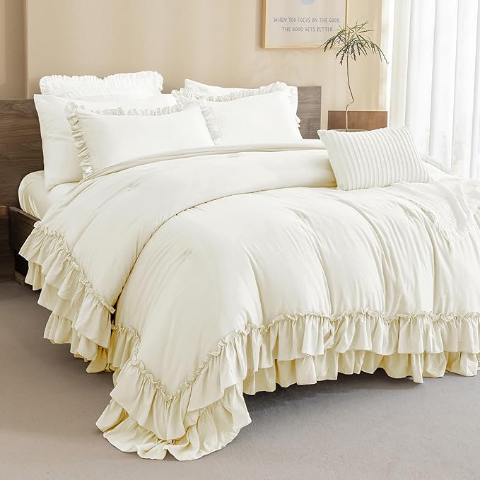 QSH Ruffled Comforter Queen Size, Shabby French Country Chic Bedding Ivory Comforter Sets, 3 Peices Farmhouse Lightweight Boho Comforter Set for Bed, Ultra Soft All Season Microfiber Fluffy Bedding