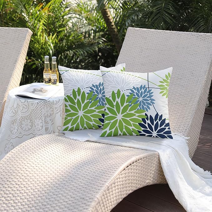 Green and Dark Light Blue Floral Pillow Covers 18x18 Set of 2 Outdoor Pillows Covers Waterproof Summer Pillowcovers Polyester Cushion Case Decor for Couch Patio Funiture Garden Porch 01U18