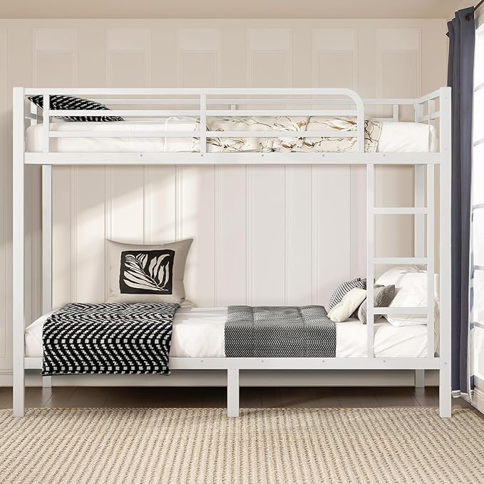 Twin XL Over Twin XL Bunk Bed Frame, Heavy Duty Metal Loft Bed for Adults/Teens, 250/400LB Capacity w/Ladder & Guardrail, Noise-Free Steel Slats, No Box Spring Required, White