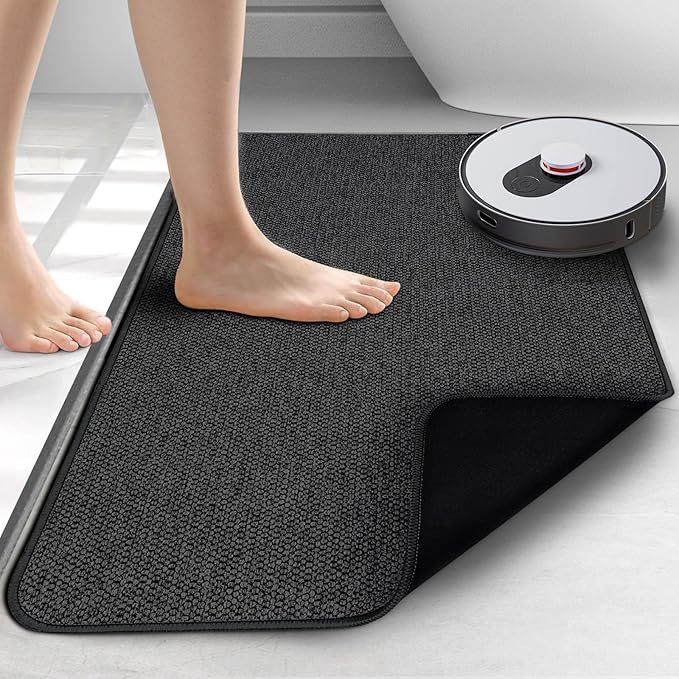 Upgraded Thin Bathroom Rugs, Bath Mat Super Absorbent, Bath Rugs Rubber Backing Non-Slip, Quick Dry Machine Washable, Cozy Cloth Bathroom Mat fit Under Door/Sink/ Bathtub/Shower/Kids 19''x30''-Black