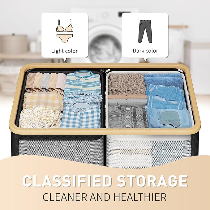 160L Double Laundry Hamper with Lid 2 Section, Large Bamboo Laundry Basket with 2 Removable Bags, Clothes Hampers for Laundry for Bedroom, Bathroom, Dorm, Laundry Room, Black