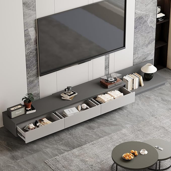 Mid-Century Modern Extendable TV Stand with Ample Storage for Living Room – Adjustable TV Cabinet from 78.7" to 130", 3-Drawer Entertainment Center, Grey