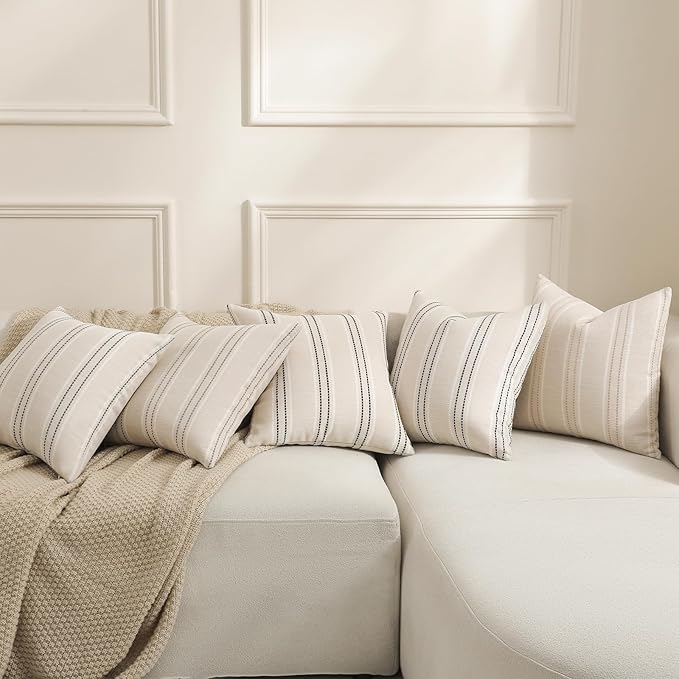 Hckot Hand Made Throw Pillow Covers 22x22 Set of 2 Striped Pillow Covers Linen Decorative Pillows Square Cushion Covers for Sofa Couch Bed Living Room Farmhouse Decor, Khaki