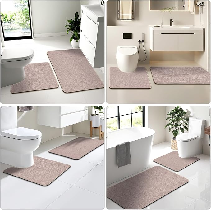 Toilet Rugs U Shaped Washable 24x20, Ultra Thin Toilet Rug Super Absorbent, Toilet Mat Rubber Backing Non-Slip, Toilet Mats Machine Washable Dry Quickly, Contour Bathroom Rugs for Toilet-Biege