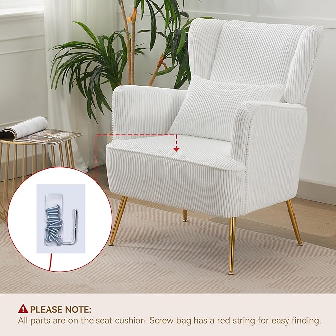 Corduroy Accent Living Room Arm Chair with Pillow & Golden Legs, 8.5" Thick Cushion, Mid Century Modern Wingback Chairs Upholstered Comfy Sofa Armchair for Reading Room/Bedroom, White