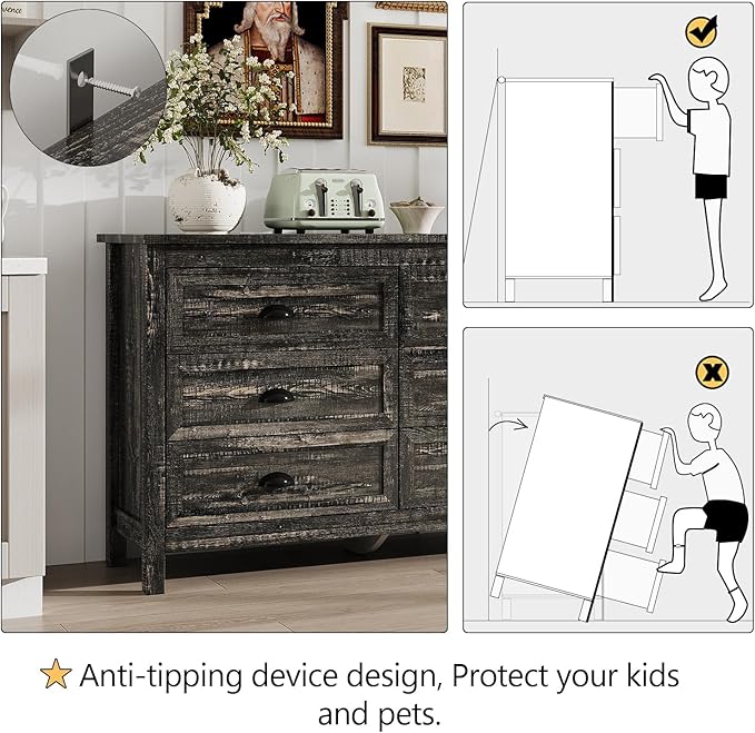 Black Dresser for Bedroom, Farmhouse 6 Drawers Dresser, Wide Chest of Drawers with Metal Handles, Modern Wood Double Chest Storage Cabinet for Living Room, Bedroom, Hallway