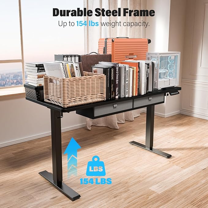 Electric Standing Desk with 4 Drawers 55''x 24'' Adjustable Height Sit to Stand Up Desk with Storage Shelf, C-Clamp Mount Compatible Black Home Office Desks Computer Gaming Table Ergonomic Workstation