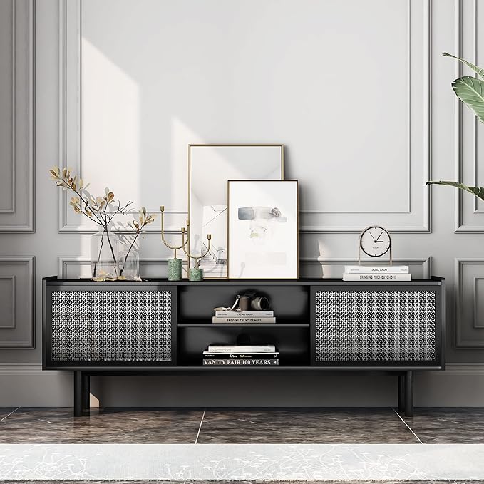 ORRD TV Stand for TVs Up to 70 Inch, Accent Iron Rattan Storage Cabinet Television Stands Entertainment Media Center Console Table with Sliding Barn Door and Adjustable Shelves for Living Room