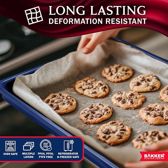 BAKKEN Kitchen Baking Pan - Small, Medium, and Large Cookie Sheet (13.58×9.65, 15.75×11, 17.91×12.60), Nonstick, Diamond Texture Bottom, PFOA, PFOS, PTFE Free, Oven Safe Tray (450°F), Pack of 3, Blue