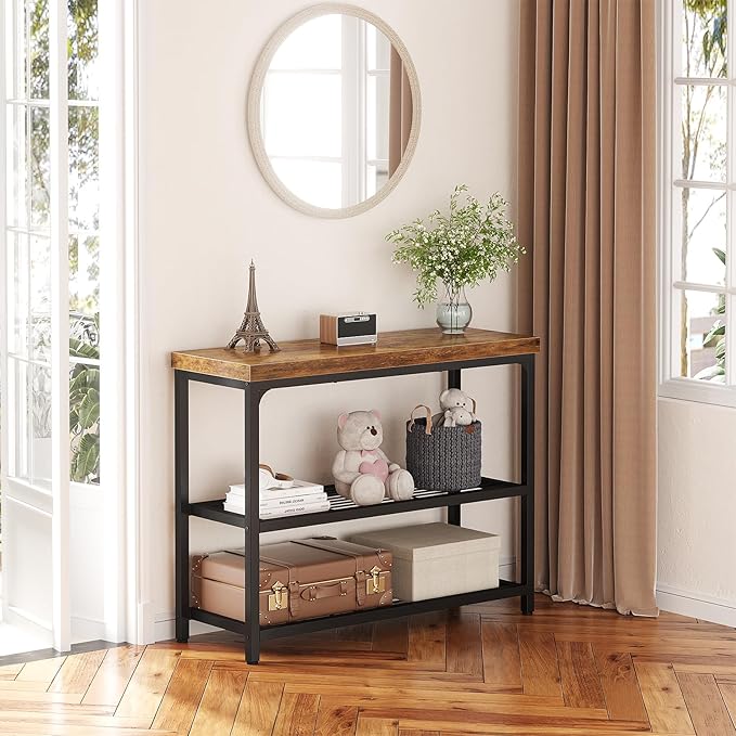 32" Small Console Table, 3-Tier Entryway Table, Sofa Table with Mesh Shelves, Console Tables for Living Room, Bedroom, Hallway, Entryway, Foyer, Rustic Brown