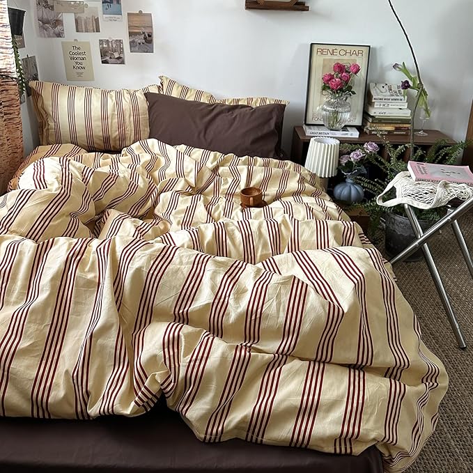 mixinni Vintage Striped Comforter Set Queen Size - Soft Cotton 3-Piece Boho Bedding Set (1 Comforter+ 2 Pillowcases), Rustic Red-Brown Geometric Stripes, Ultra-Soft & Breathable for All Seasons