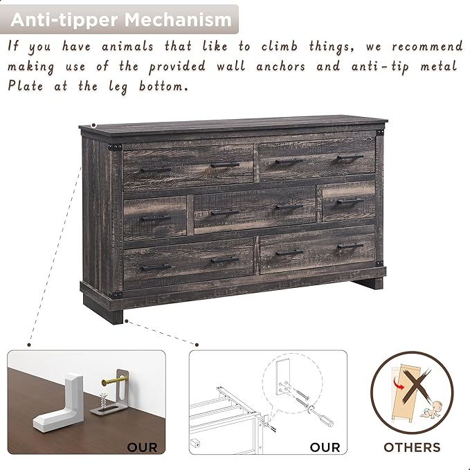 T4TREAM Farmhouse 7 Drawers Dresser for Bedroom, 54" Wide Wood Chest of Drawers w/Natural Texture & Metal Handle, Rustic Storage Dressers Organizer for Living Room, Hallway, Dark Rustic Oak