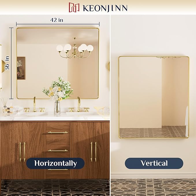 Keonjinn Gold Bathroom Mirrors for Over Sink 42” x 36” Large Brushed Brass Metal Framed Mirror, Rounded Rectangle Bathroom Vanity Mirror, HD Tempered Glass Modern Mirror for Wall(Horizontal/Vertical)