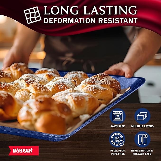 BAKKEN Kitchen Baking Pans - Nonstick Blue Coating, 13.58’’ × 9.65’’ Commercial Grade Carbon Steel Cookie Sheet, Diamond Texture Bottom, PFOA, PFOS, PTFE Free, Oven Safe Tray (450°F), Blue