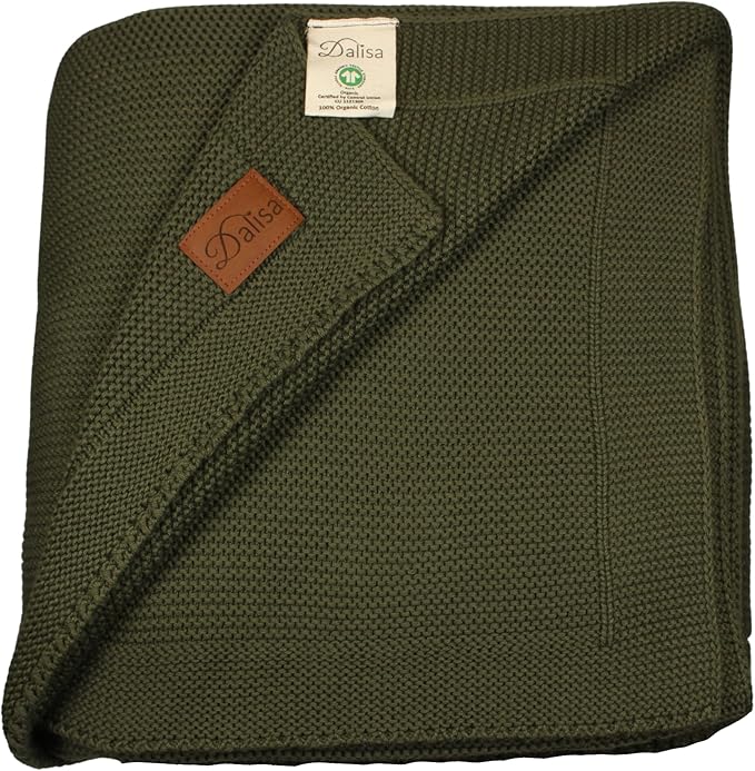 Dalisa 100% Organic Turkish Cotton Throw Blanket - GOTS Certified, Cozy - Perfect for Couch, Bed, and Home Decor - Boho Vintage Knit Alina (Pepper Green, 50x60)