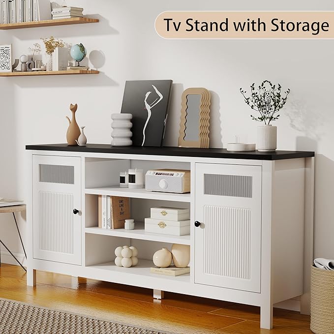 White TV Stands for Living Room: 63" Modern Entertainment Center with Storage, TV Consoles for Living Room, for Up to 70 Inches Television Stands Wood (White)