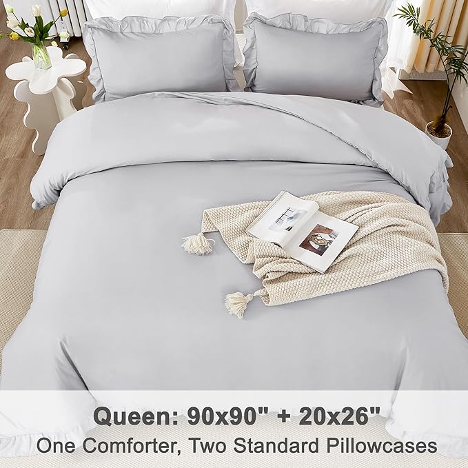 Litanika Light Grey Queen Comforter Set, 3 Pieces Ruffle Farmhouse Aesthetic Bedding Comforter Set, All Season Soft Lightweight Fluffy Microfiber Bed Set(90x90In Comforter, 2 Pillowcases)