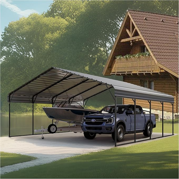 MFSTUDIO Carport 20x20 ft, Outdoor Heavy Duty Metal Shed Carports, Metal Garage Car Shelter Shade Car Port with Galvanized Roof, Frame and Bolts for 2 Cars, Truck and Boats
