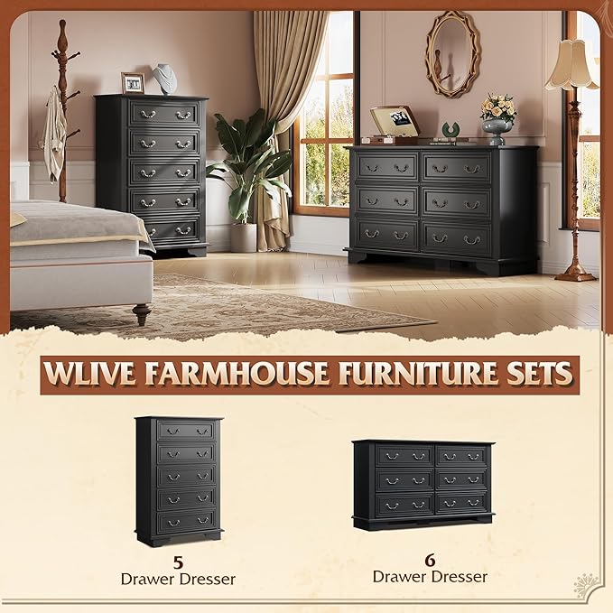 WLIVE Farmhouse Dresser for Bedroom, 51.97'' Wide Wood 6 Drawer Dresser, Chest of Drawers with Roman Metal Handle, TV Stand for 60 inch TV, for Living Room, Hallway, Black