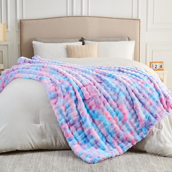 NEWCOSPLAY Faux Fur Throw Blanket Purple Rainbow Luxury Fluffy Thick Warm Bubble Blanket for Couch Sofa Bed 700GSM (Purple Rainbow, Throw(50"x60"))