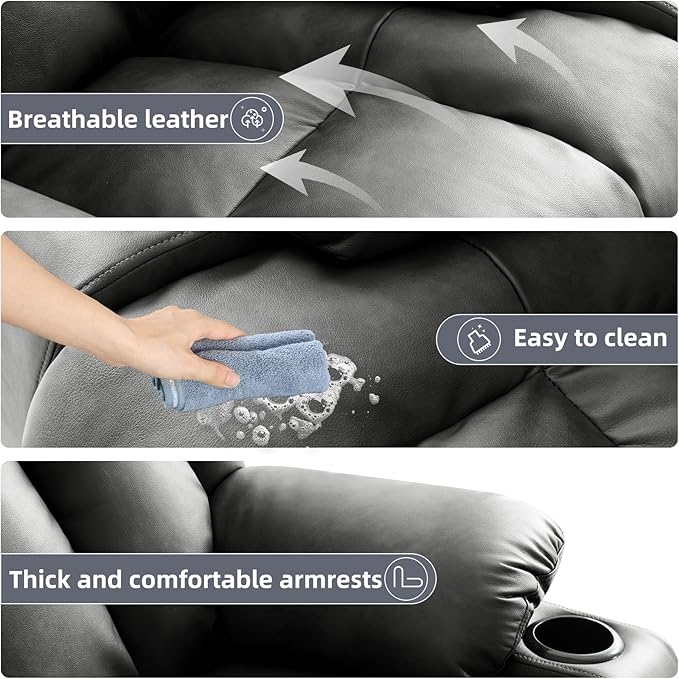 Power Lift Recliner Chair for Elderly, Electric Recliner Chairs for Adults with Massage and Heat, Cup Holders, Remote Control, USB Ports, Side Pockets, Leather (Aluminum Gray)