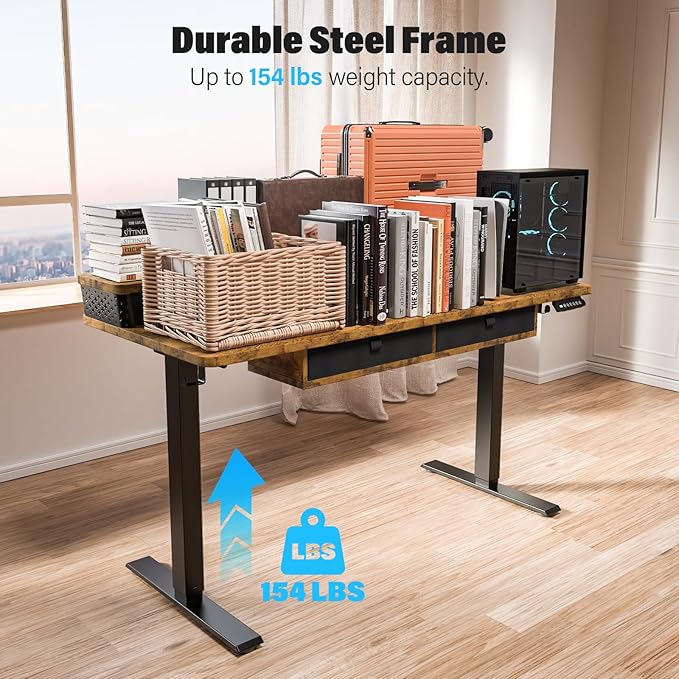 Electric Standing Desk with 4 Drawers 55''x 24'' Adjustable Height Sit to Stand Up Desk with Storage Shelf, C-Clamp Mount Compatible Black Home Office Desks Computer Gaming Table Ergonomic Workstation
