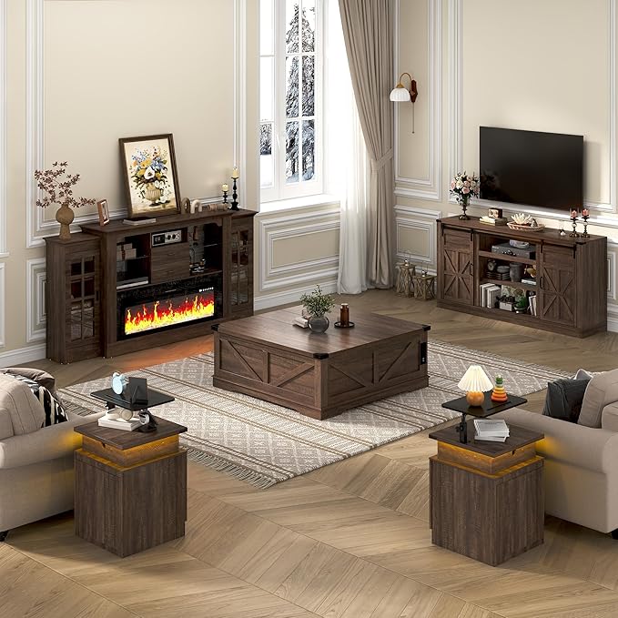 66" Farmhouse TV Stand for 75 Inch TV, 33" Tall Entertainment Center with Power Outlets & Sliding Barn Door, Wood TV Stands with Storage, TV Media Console for Living Room, Brown