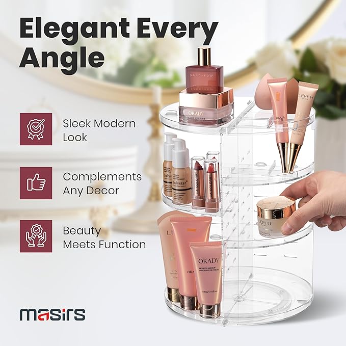 Masirs 360 Rotating Makeup Organizer - Adjustable Shelf Height and Fully Rotatable - The Perfect Round Spinning Cosmetic Organizer for Bedroom Dresser or Vanity Countertop Storage (Clear)