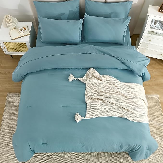Litanika Queen Comforter Set Grayish Teal - 7 Pieces Bed in a Bag Queen Bedding Comforter Sets, Solid Lightweight Bed Set with Comforter, Sheets, Pillowcases & Shams