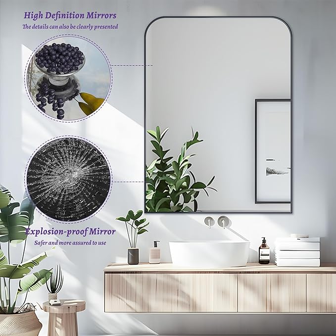 Bathroom Mirror, Wall Mirrors, Black Metal Framed Wall-Mounted Mirrors, Bathroom Vanity Mirror for Over Sink, Living Room, Bedroom, Entryway, 30x40 Inch, Black