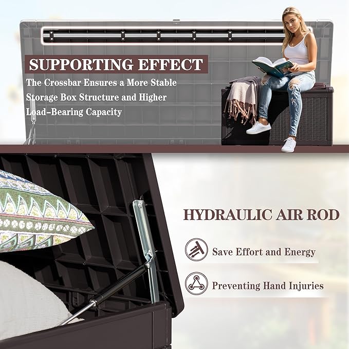 Greesum 100 Gallon Resin Deck Box Large Outdoor Storage Boxes with Cushions for Garden Tools, Patio Furniture Pillows, Pool Supplies, Dark Brown